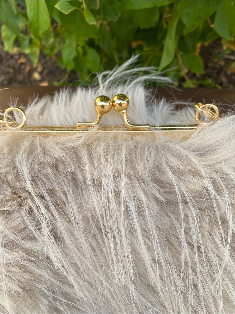 Faux Fur Beige Evening Clutch with Gold Chain